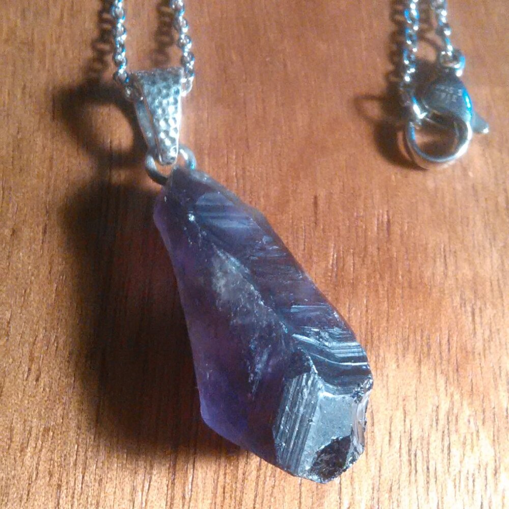 Rough Cut Amethyst Sterling Silver Pendant Stainless Steel Necklace